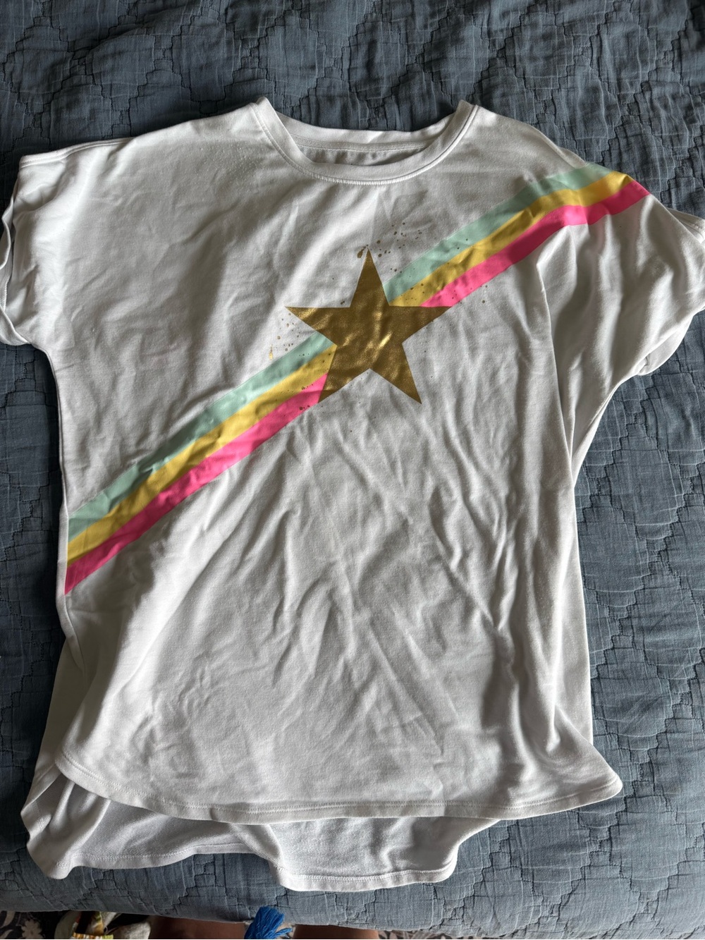 crown & ivy White Tee with Gold Star and Pink-Yellow-Mint Stripe